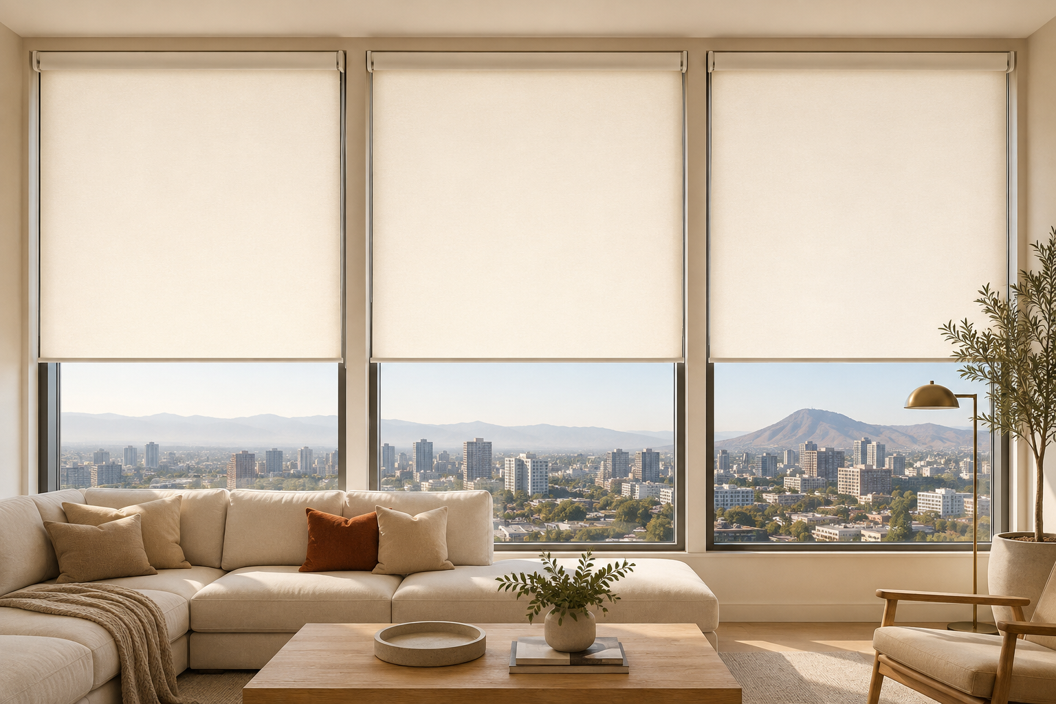 Cortinas roller instaladas en un living moderno de Santiago